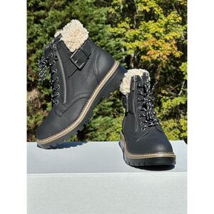 NEW Black Leather Fur Lined Lace Up Winter Combat Hiking Chukka Boots - Womens 6